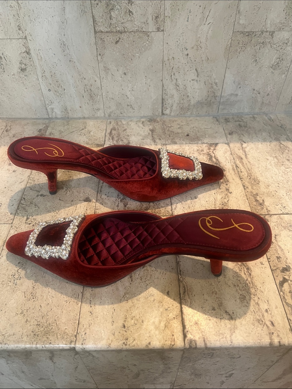 Sam Edelman Red Velvet Rhinestone Kitten Heel Mules - Picture 2 of 8